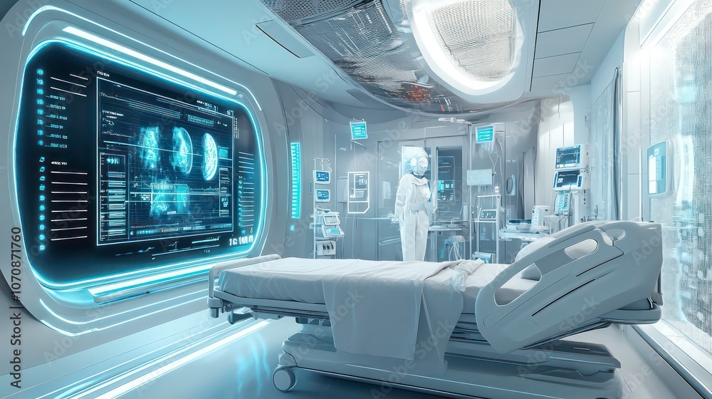 Aufkleber modern hospital room with a futuristic design featuring a digital screen displaying medical data and