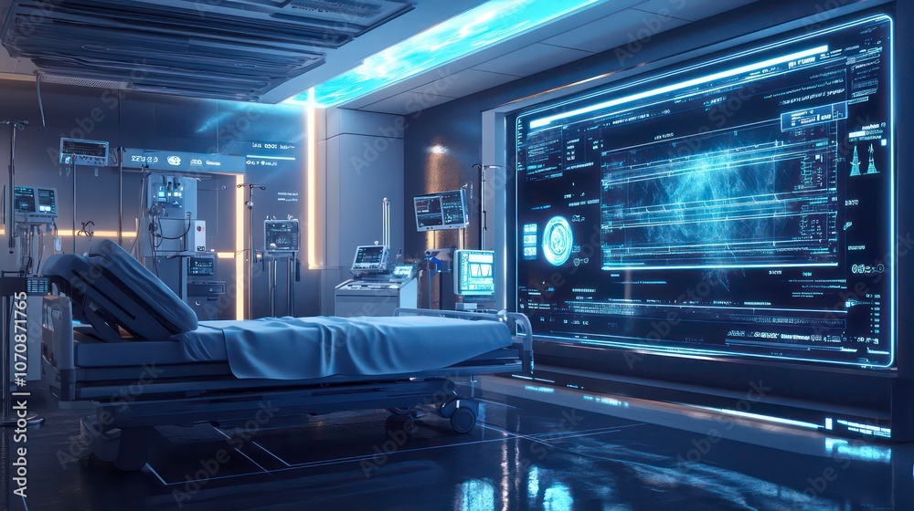 Aufkleber modern hospital room with a futuristic design featuring a digital screen displaying medical data and