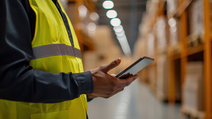 professional warehouse manager in reflective safety vest using smartphone in storage facility, showcasing modern logistics management