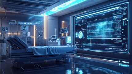 Modern hospital room with a futuristic design featuring a digital screen displaying medical data and a hospital bed.