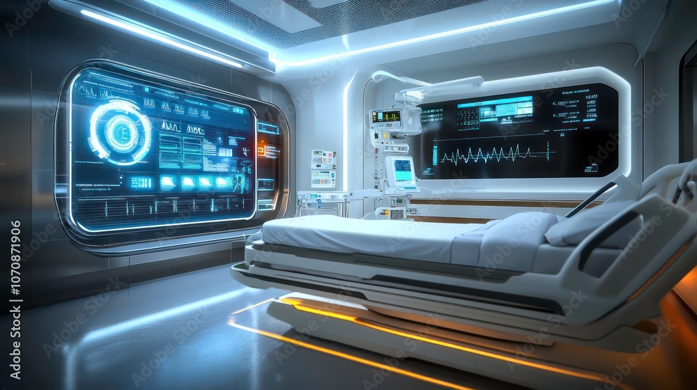 Poster modern hospital room with a futuristic design featuring a digital screen displaying medical data and