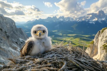 Funny eaglet portrait resting in nest on mountain cliff edge