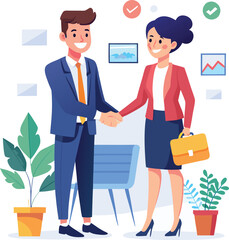People shaking hands at work - Two businesspeople, man and woman doing handshake in office at work while smiling over business agreement and deal. Flat design stock illustration on white background