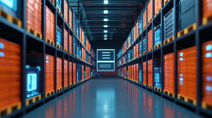 Fototapeta premium modern warehouse filled with organized inventory, featuring bright orange storage containers and digital displays. atmosphere conveys efficiency and technology