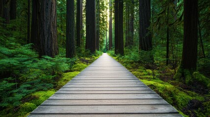 Explore the tranquility of a wooden pathway through majestic forests in nature's embrace