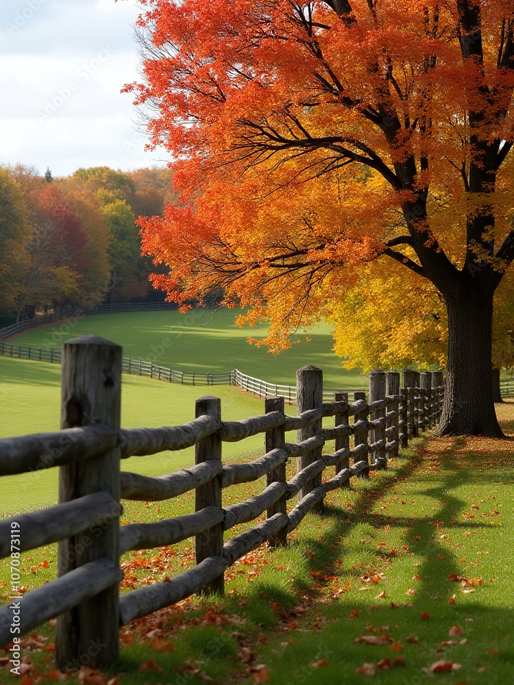 Aufkleber A serene countryside setting features a weathered wood fence surrounded by vibrant autumn foliage and trees in full leaf display
