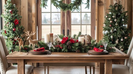 Festive Christmas table setting with greenery, candles and reindeer decor.