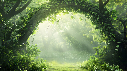 Fototapeta premium Lush Green Leaves Forming a Natural Archway in Sunlit Forest 