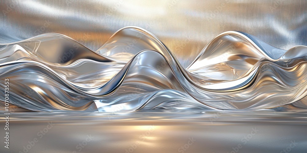 Poster abstract silver and gold metallic waves with a reflective surface
