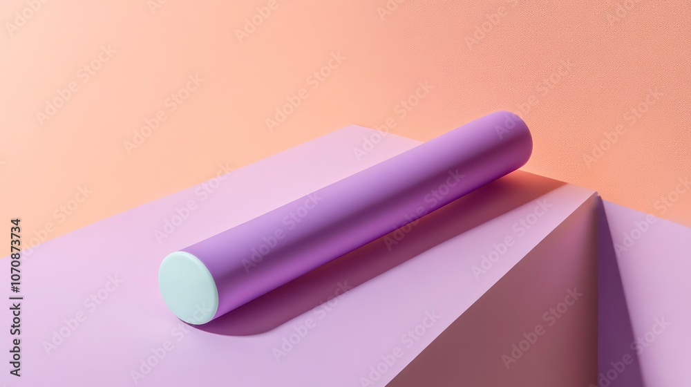 Poster a minimalistic purple cylindrical object resting on geometric surfaces.