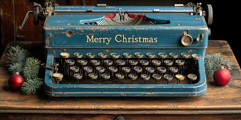 Vintage Blue Typewriter with Christmas Decorations
