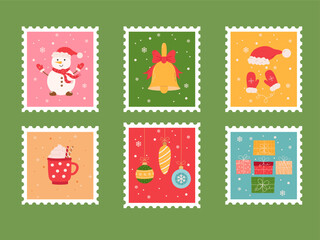 Postage stamp set of Christmas and Happy New Year post card illustration. Advent Calendar style, winter holiday sticker celebration mail postmark. Vector concept modern design