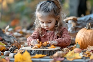 A little girl engaging with autumn natural materials and play dough. Educational sensory play ideas and fall nature crafts