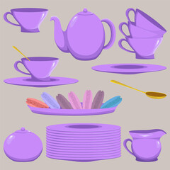 Vector illustration of porcelain teaware set on beige background