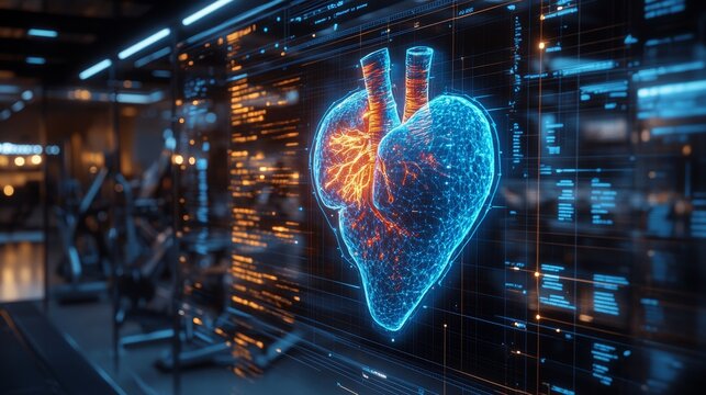 Holographic health assistant displaying human heart anatomy in advanced medical facility