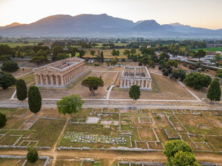Aerial view of the Archaeological Park of Paestum. 