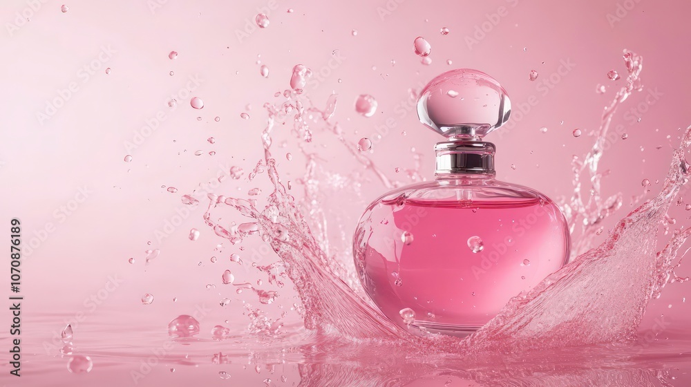 Poster Luxury pink liquid perfume bottle with splashes against a pink background. Copy space image. Place for adding text and design