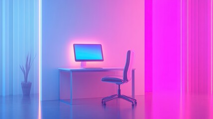 Fototapeta premium A modern workspace featuring a computer, chair, and colorful ambient lighting in shades of blue and pink.