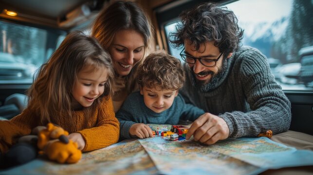 A family of four is gathered around a map inside a camper, smiling and engaging with toys as they plan their next outdoor adventure in the mountains.