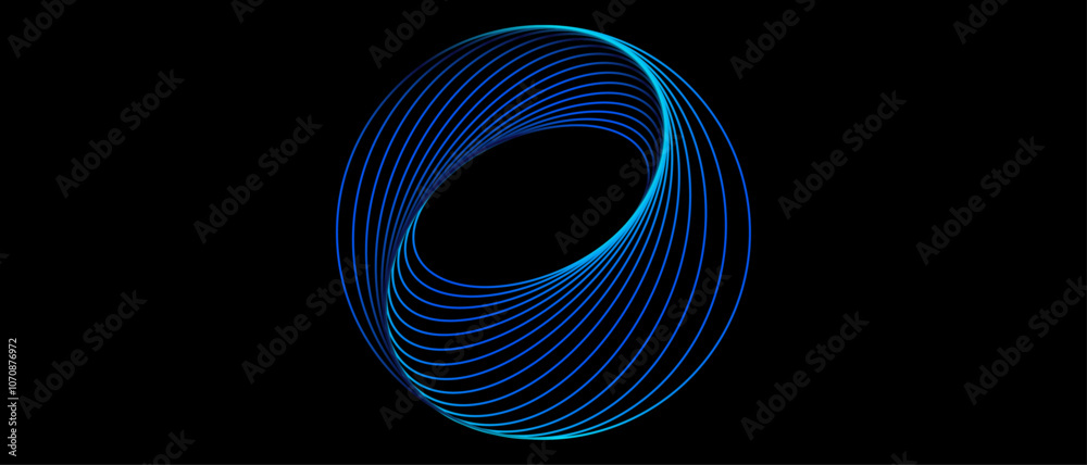 Poster abstract circle line pattern spin blue green light isolated on black background in the concept of mu