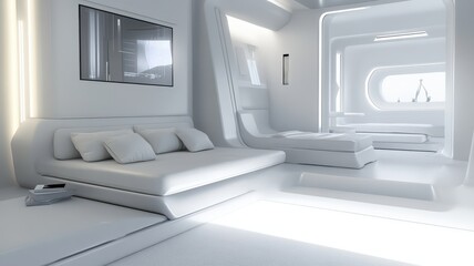 Fototapeta premium A modern, minimalistic interior with white furnishings, clean lines, and soft lighting creates a serene and futuristic atmosphere.
