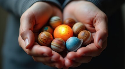 A close-up of human hands cupped together holding a miniature solar system with planets and a tiny sun.