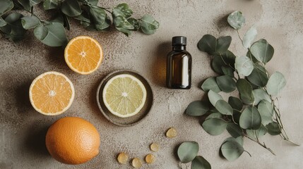 A bottle of essential oil sits on a table with a bowl of oranges