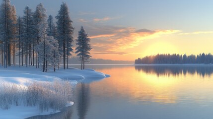 Obraz premium A peaceful winter sunset over a snow-covered lake with tall pine trees and a reflection of the golden sky on the water.