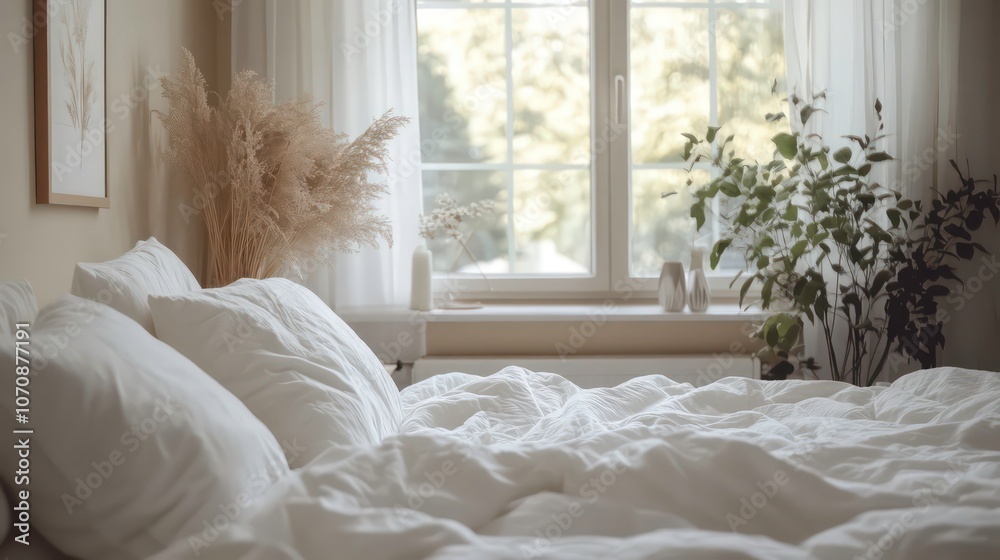Poster a serene bedroom scene with soft bedding and natural light filtering through a window.
