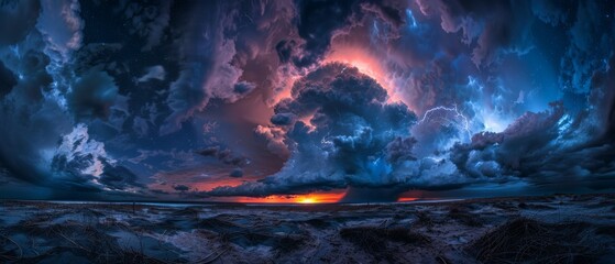 Obraz premium Dramatic lightning thunderstorm flash against a night sky, showcasing nature's power and storms like