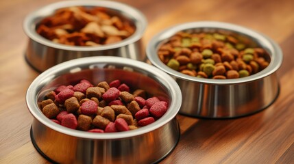 Dog Food Bowls on Wooden Table