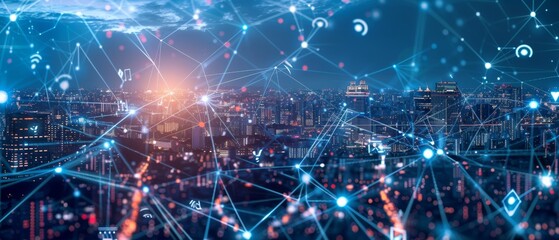 Fototapeta premium Futuristic cityscape with wireless connections symbolizing the integration of communication
