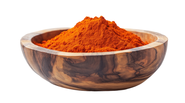 rustic wooden bowl filled with vibrant paprika powder, png, transparent backgorund