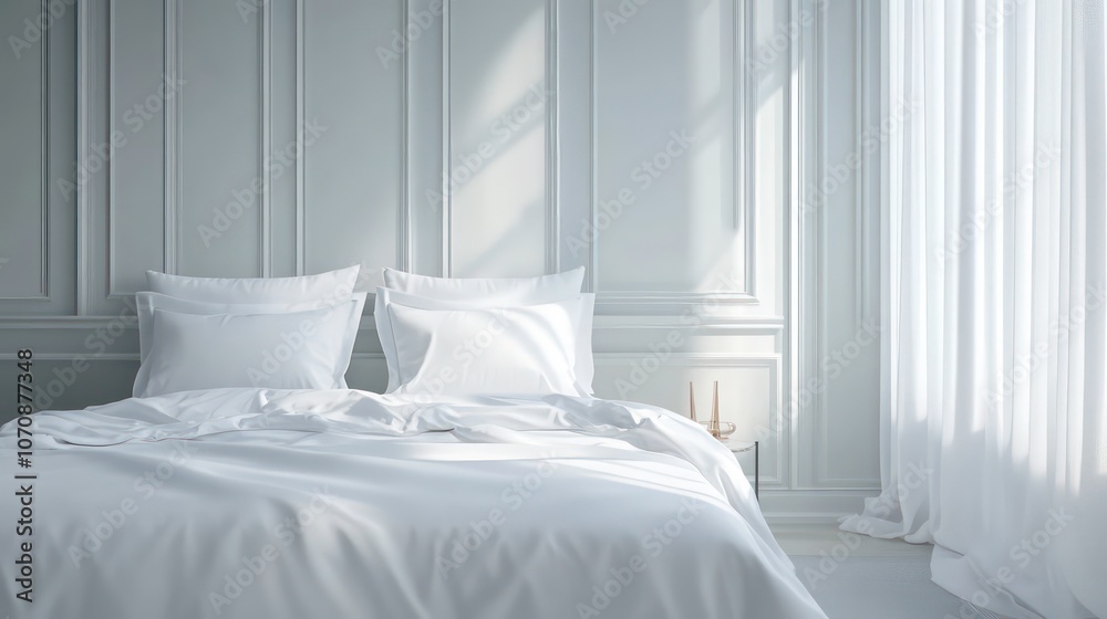 Poster luxurious bedroom with a window, with a large empty double bed with white linens and pillows. comfor
