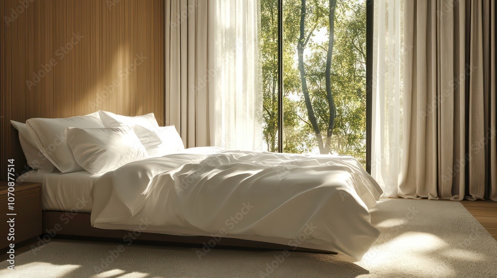 Aufkleber luxurious bedroom with a window, with a large empty double bed with white linens and pillows. comfor