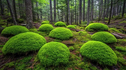 Fototapeta premium Lush green moss formations create a serene forest landscape.
