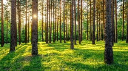Naklejka premium A serene forest scene with tall trees and sunlight filtering through greenery.