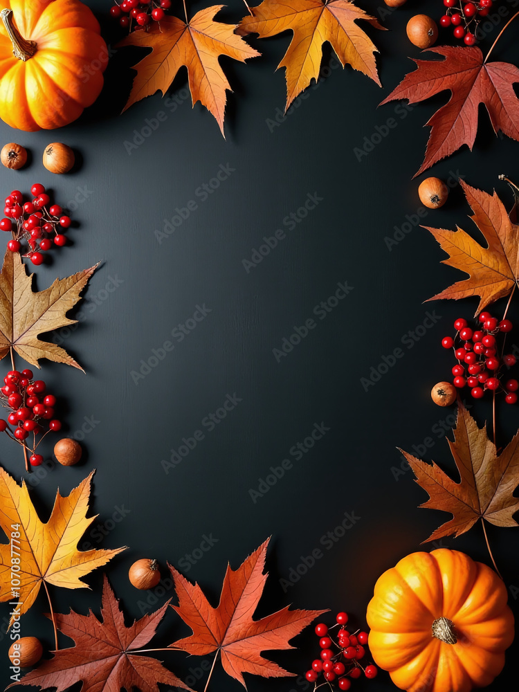 Poster arranged on a blackboard dry leaves red berries and a pumpkin create a flat lay design for autumn fa