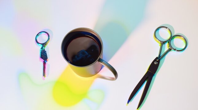 An abstract image with everyday objects like office items casting vibrant rainbow-colored shadows