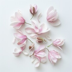 Fototapeta premium photo depicting a serene composition of pale pink flower petals and a delicate bud against a clean