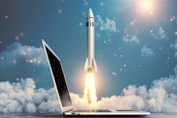 Fototapeta premium Creative depiction of a space rocket launching directly from a laptop screen