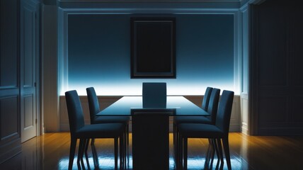 Fototapeta premium A dimly lit conference room featuring a long table, surrounded by chairs, with an illuminated background creating a modern atmosphere.