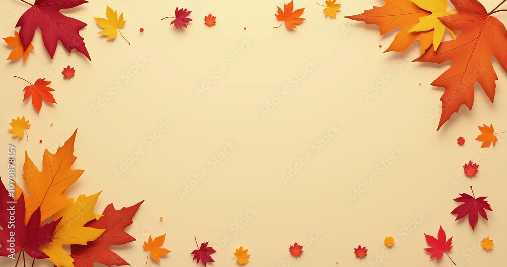 Poster autumn banner features beautiful design with colorful fall leaves on a khaki background including a 