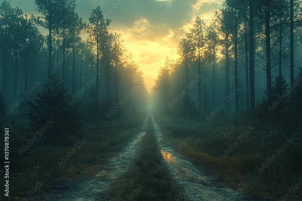 Poster A Misty Forest Path at Sunset with Golden Light Filtering Through the Trees