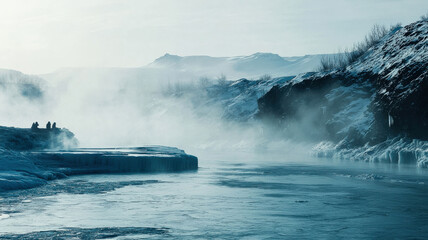 Fototapeta premium A frozen river with steaming hot springs carved into the ice, where people soak in the warmth amidst a frozen landscape. Room for text in the mist above the water.