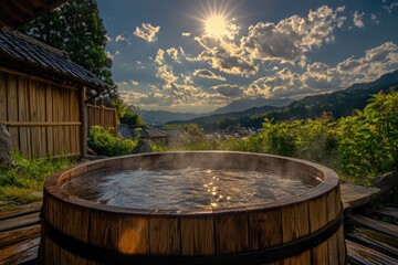 Fototapeta premium Outdoor hot tub surrounded by wooden decking, perfect for relaxing and enjoying nature