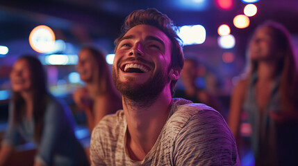 Obraz premium Young man enjoys a lively night out with friends in a festive bar atmosphere