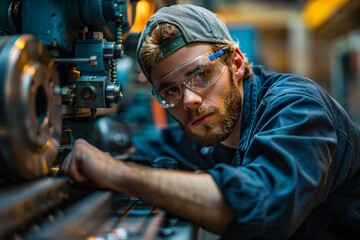 A young technician is focused on operating a machine in a workshop during the evening. He is wearing protective goggles and a cap while intently adjusting equipment for precise work