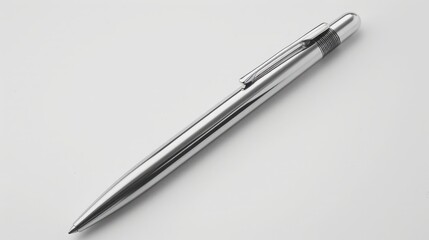 A silver pen lays on a white background. The pen has a  classic design and a sleek, modern feel.