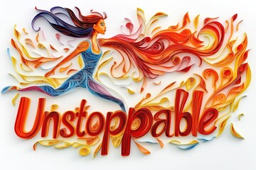 Obraz premium Woman Empowerment: Unstoppable Woman Running Forward with Fiery Aura and Bold Energy, Paper quilling style